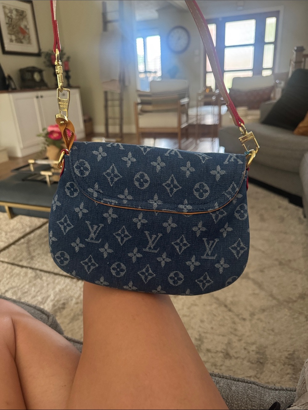 Designer-Inspired Blue Patterned Shoulder Bag with Gold Accent - Picture 2 of 2